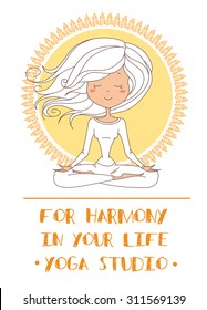 Vector illustration of a cute Girl Practicing Yoga. lotus meditative pose. Template for design cards, notebook, yoga studio, poster and natural cosmetics/Print for T-shirt. Character design. 