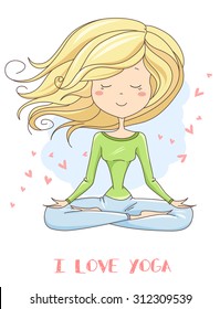 Vector illustration of a cute Girl Practicing Yoga. lotus meditative pose. Template for design cards, notebook, yoga studio, poster and natural cosmetics/Print for T-shirt. Character design. 