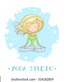 Vector illustration of a cute Girl Practicing Yoga. lotus meditative pose. Template for design cards, notebook, yoga studio, poster and natural cosmetics/Print for T-shirt. Character design. 