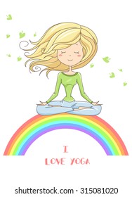 Vector illustration of a cute Girl Practicing Yoga. lotus meditative pose. Template for design cards, notebook, yoga studio, poster and natural cosmetics/Print for T-shirt. Character design. 