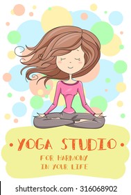 Vector illustration of a cute Girl Practicing Yoga. lotus meditative pose. Template for design cards, notebook, yoga studio, poster and natural cosmetics/Print for T-shirt. Character design. 