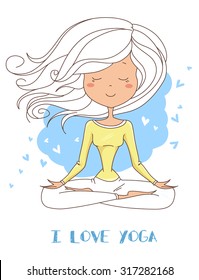 Vector illustration of a cute Girl Practicing Yoga. lotus meditative pose. Template for design cards, notebook, yoga studio, poster and natural cosmetics/Print for T-shirt. Character design. 