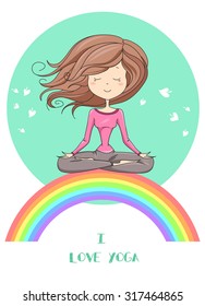 Vector illustration of a cute Girl Practicing Yoga. lotus meditative pose. Template for design cards, notebook, yoga studio, poster and natural cosmetics/Print for T-shirt. Character design. 