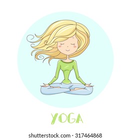 Vector illustration of a cute Girl Practicing Yoga. lotus meditative pose. Template for design cards, notebook, yoga studio, poster and natural cosmetics/Print for T-shirt. Character design. 