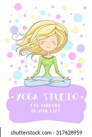 Vector illustration of a cute Girl Practicing Yoga. lotus meditative pose. Template for design cards, notebook, yoga studio, poster and natural cosmetics/Print for T-shirt. Character design. 