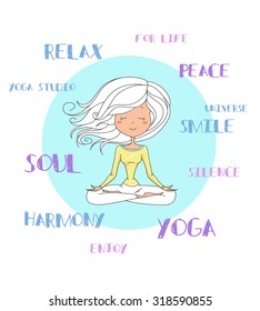 Vector illustration of a cute Girl Practicing Yoga. lotus meditative pose. Template for design cards, notebook, yoga studio, poster and natural cosmetics/Print for T-shirt. Character design. 