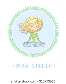 Vector illustration of a cute Girl Practicing Yoga. lotus meditative pose. Template for design cards, notebook, yoga studio, poster and natural cosmetics/Print for T-shirt. Character design. 