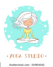 Vector illustration of a cute Girl Practicing Yoga. lotus meditative pose. Template for design cards, notebook, yoga studio, poster and natural cosmetics. Print for T-shirt. Character design. 