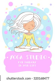 Vector illustration of a cute Girl Practicing Yoga. lotus meditative pose. Template for design cards, notebook, yoga studio, poster and natural cosmetics/Print for T-shirt. Character design. 