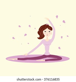 Vector illustration of a cute Girl Practicing Yoga. Template for design cards, notebook, yoga studio, poster and natural cosmetics/Print for T-shirt. Character design.