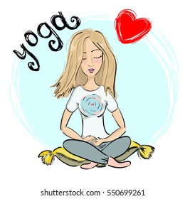 Vector illustration of a cute Girl Practicing Yoga. lotus meditative pose.