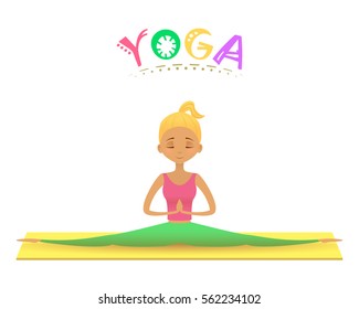 Vector illustration of cute girl practicing yoga. Yoga girl doing the splits. 