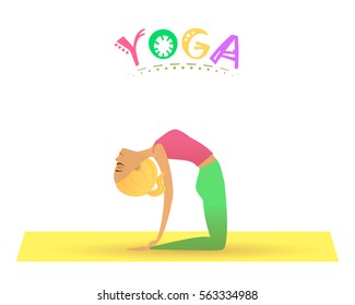 Vector illustration of cute girl practicing yoga. Yoga girl doing camel pose.