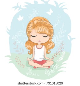 Vector illustration of a cute Girl Practicing Yoga.T-shirt print. Character design.