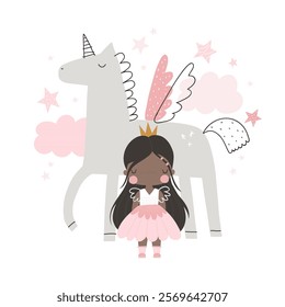 Vector illustration cute girl princess in pink dress, clouds, stars and unicorn. Pegasus. Ponies. Horse. Little princess. Girly delicate pink design. Illustration for children. 