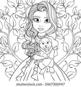 Vector illustration, cute girl with a puppy in her arms, coloring book.