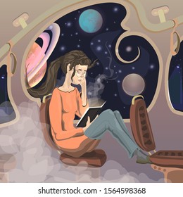 Vector illustration of a cute girl reading book about the universe, space and planets while sitting in public transport. The concept of imagination.