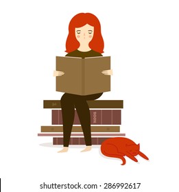 Vector illustration with cute girl reading book with cat.