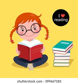 Vector illustration of cute girl reading a book on yellow background