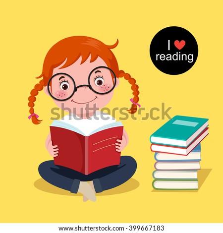Vector illustration of cute girl reading a book on yellow background