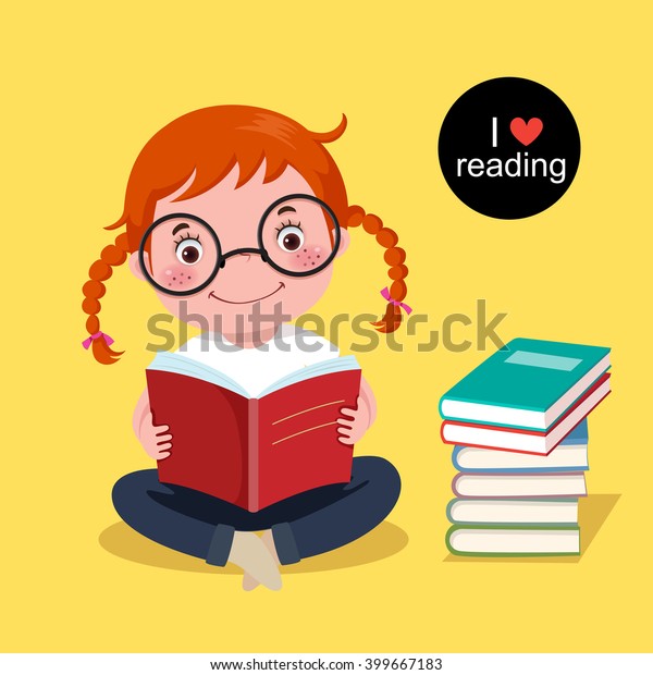 黄色い背景にかわいい女の子の本を読むベクターイラスト のベクター画像素材 ロイヤリティフリー