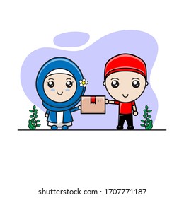 Vector illustration of cute girl receives box from the courier. Mascot for shipping service. Marketplace advertising.