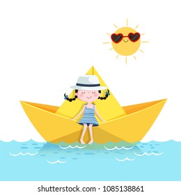 Vector illustration of cute girl relaxing in a paper boat. Summer vacation concept