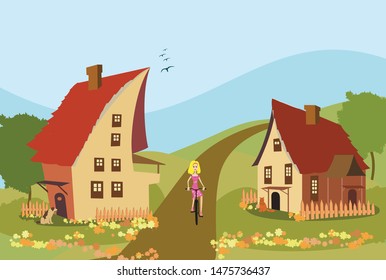 Vector illustration of  cute girl riding bicycle in nature. Young girl riding on bicycle. Cartoon vector illustration. Country landscape