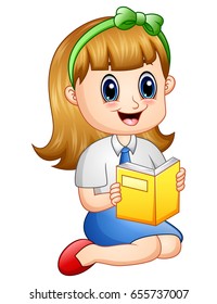 Vector illustration of Cute girl in a school uniform reading a book