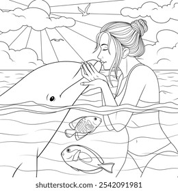 Vector illustration, cute girl in the sea kissing a dolphin, coloring