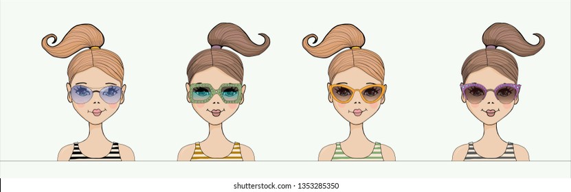 vector illustration of cute girl with set of different types sunglasses on white background