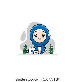 Vector illustration of cute girl with shopping bag. Mascot for online shop. Marketplace advertising.