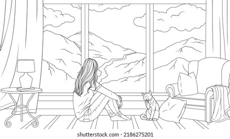 Vector illustration, a cute girl sits on the floor in the living room, admires the landscape of the mountains, book coloring.