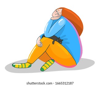vector illustration of a cute girl sitting on her hands with a cat. red-haired girl hugging a cat