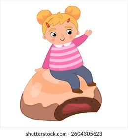 Vector illustration of cute girl sitting on big gingerbread with icing..
