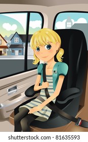 A vector illustration cute girl sitting car seat wearing seat belt