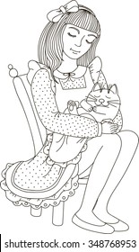  Vector illustration of a cute girl with sleeping cat.