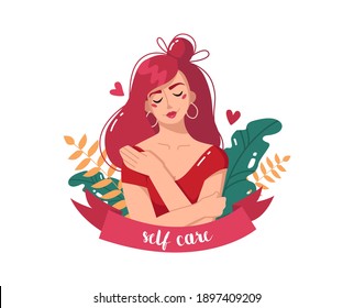 Vector illustration of a cute girl smiling and hugging herself isolated on a white background. Self care.