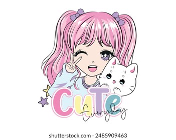 Ilustración vectorial, chica linda sonriendo con gatito feliz. Diseño para imprimir en camisa, Plantillas para celebración, póster, Anuncio. Estampado precioso para la camiseta