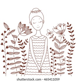 Vector illustration. Cute girl in a striped dress on a white background. Hand Drawn doodle