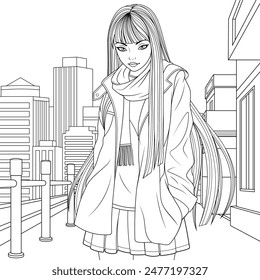Vector illustration, cute girl in stylish clothes on the street, book coloring.