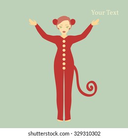 Vector Illustration of a cute girl in suit of a monkey. New Year Background.