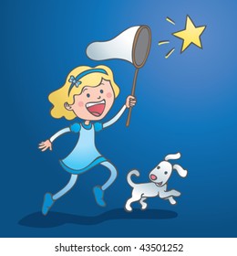 Vector illustration of a cute girl trying to catch a falling star, literally. Or a metaphor for pursuing a dream.