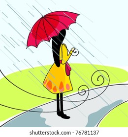 Vector illustration of cute girl with umbrella