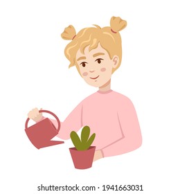 Vector illustration of cute girl watering potted plant