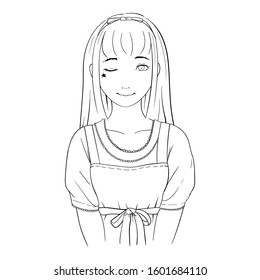 vector illustration of a cute girl wearing a dress and tied her dress and hair with ribbon, line art