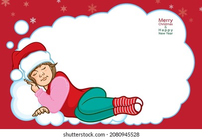 Vector illustration of cute girl wearing Santa hat sleeping peacefully on white clouds,Christmas greeting card,blank card for text,snowflakes on red,Merry Christmas,Happy New Year,isolated on red.