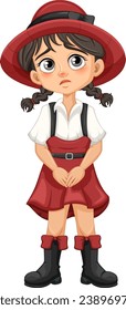 A vector illustration of a cute girl wearing suspenders, skirt, and hat with a sad facial expression