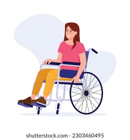 Ilustración vectorial de una linda chica en silla de ruedas. Escena de caricatura con una hermosa y sonriente niña sentada en silla de ruedas aislada en un fondo blanco. Discapacidades físicas.