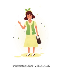 Vector illustration of a cute girl who smiles and greets someone with her hand. A girl with a bag in her hand goes to class. School uniform for girls. Illustration for educational posters, books.